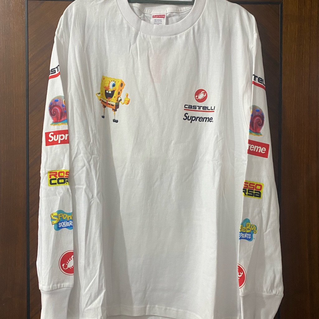 Supreme White Long-Sleeve Kids Tee With Spongebob & Sleeve Logos
